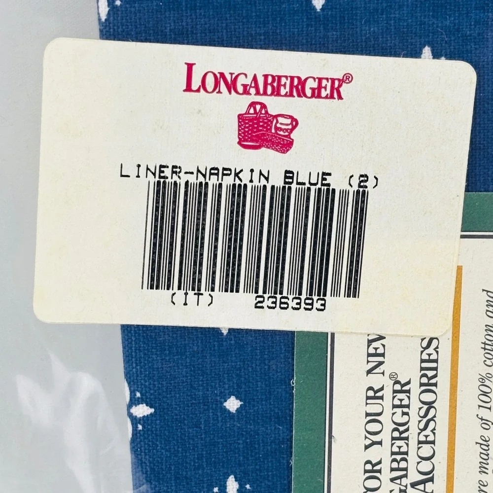 Longaberger Liner Classic Blue Napkin Set of 2 Cotton‎ Fabric Accessories 236393